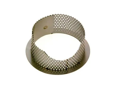 Edelstahl-Verteilzylinder von Bosch, mit perforierter Struktur und flacher Basis. Geeignet für verschiedene technische Anwendungen.